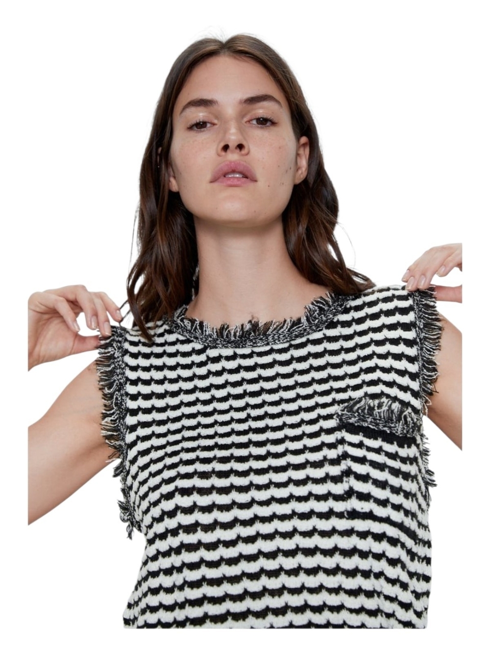 Zara Black and White Fringed Knit Sleeveless Top